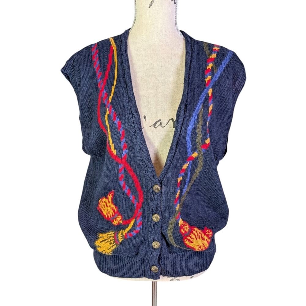 Vintage 90s Floral Ramie Cotton Knit Sweater Vest Button Front Navy M